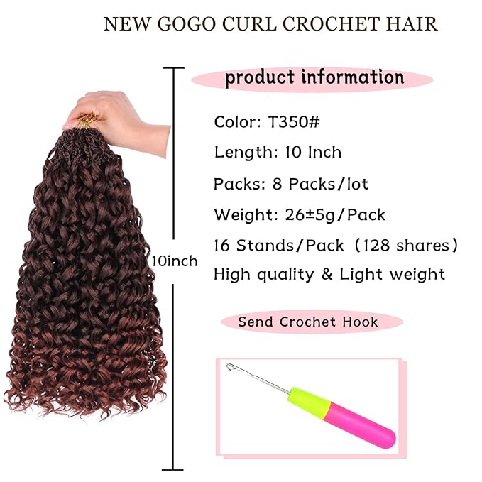 10 Inch Gogo Curl Crochet Hair 8 Packs Ocean Wave Crochet Hair Ombre Copper Red Pre-looped Short Curly Goddess Box Braids Beach Curl Synthetic Braiding Hair for Women (16Strands/pack T350#)