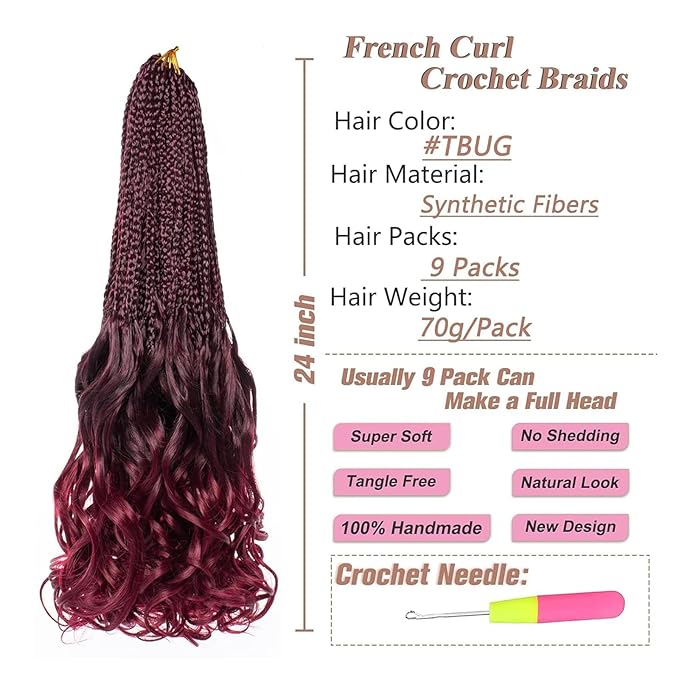 24 Inch 9 Packs French Curl Crochet Braids Ombre Red Bohemian Goddess Box Braids Burgundy Crochet Hair Pre Looped Wavy Bouncy French Curl Braiding Hair for Women