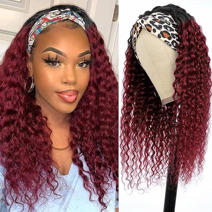 Aiterina Headband Wig deep wave human hair wigs for Black Women Brazilian Remy Hair Glueless Non Lace Front Wig 150% Density (18 inch, 1B/99J)