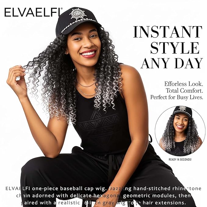 Hat with Gogo Curl Crochet Hair, 16-Inch Synthetic Long Grey Wig for Women, Ombre Gray Baseball Cap Wig