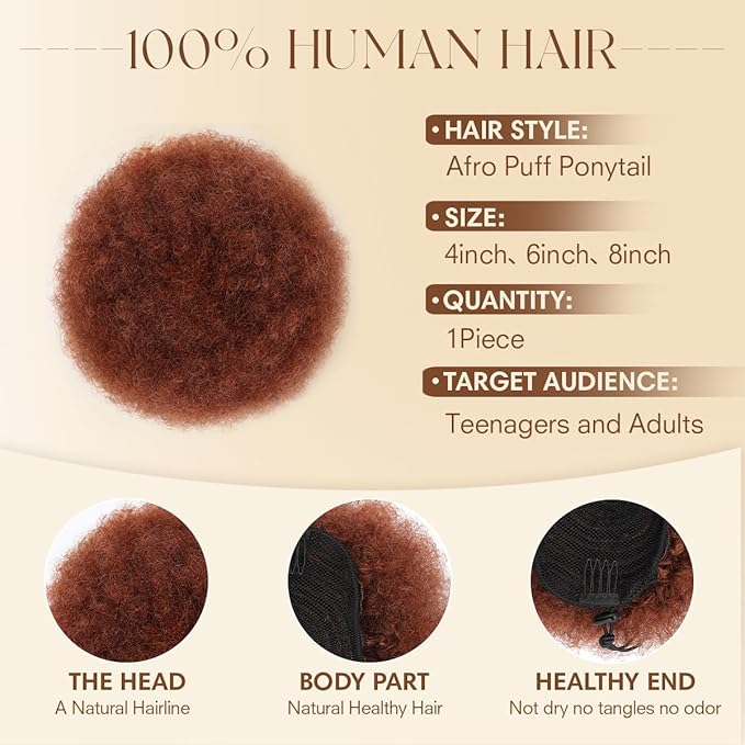 Human Hair Ponytail Kinky Curly #33 Dark Auburn 100% Human Hair Kinky Curly Durable Natural Soft and Smooth Retro Kinky Curly Ponytail Wig