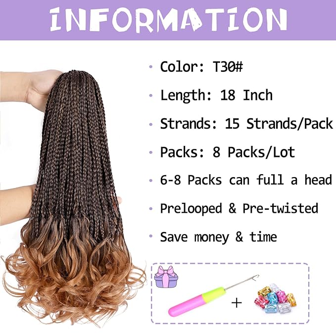 French Curl Crochet Braids 18 Inch Goddess Box Braids Crochet Hair for Women Pre Looped Crochet Box Braid with Curly Ends Synthetic French Curly Braiding Hair Extensions (1B/30)