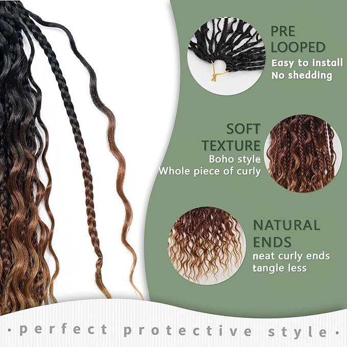 14 Inch Boho Crochet Braids 7Packs Goddess Box Braids Crochet Hair for Women Pre Looped Bohemian Hippie Braiding Hair Extensions, 1B/30/27
