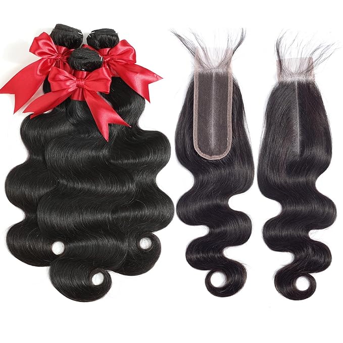 12A Human Hair Bundles with 2x6 Closure 10 12 14 with 10 Inch Brazilian Body Wave 3 Bundles Human Hair with 2x6 HD Lace Closure 100% Unprocessed Virgin Human Hair Weave