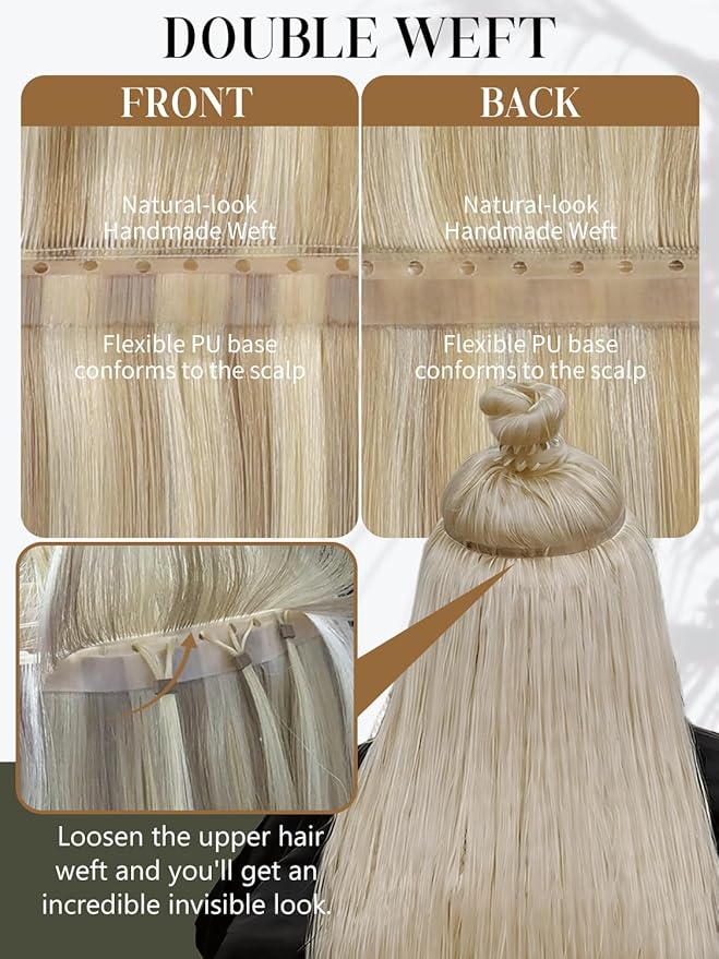 LOXXY Double Layered OVO PU Human Hair Extensions - 16 Inch 100g Butterfly Hand Tied Weft Hair Extensions Human Hair with Holes - Light Brown With Platinum Blonde Highlights, Twin Tabs Weft Width31.5"