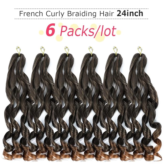 Ombre French Curl Braiding Hair - 24 Inch, 6 Packs, Loose Wave, Bouncy, Pre-Stretched 100g/pack, Yaki Curly, for Black Women, Hair Extensions (T30)