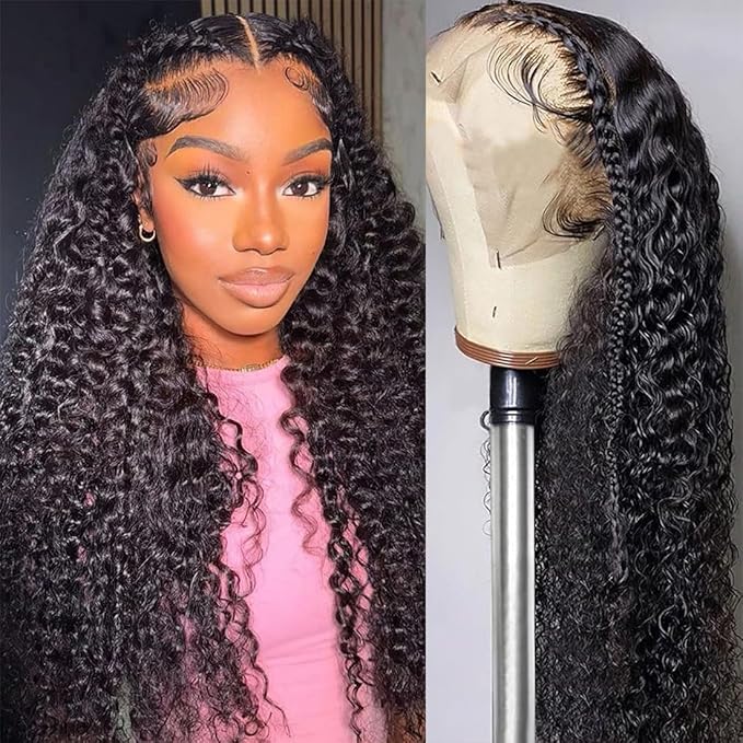 13x4 Deep Wave Lace Front Wigs Human Hair 180 Density Short Curly Wigs for Women Gluless Wigs Human Hair Pre Plucked Bleached Knots With Baby Hair Natural Hairline (18 Inch)