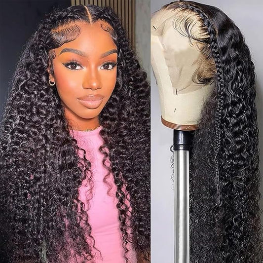 13x4 Deep Wave Lace Front Wigs Human Hair 180 Density Short Curly Wigs for Women Gluless Wigs Human Hair Pre Plucked Bleached Knots With Baby Hair Natural Hairline (18 Inch)