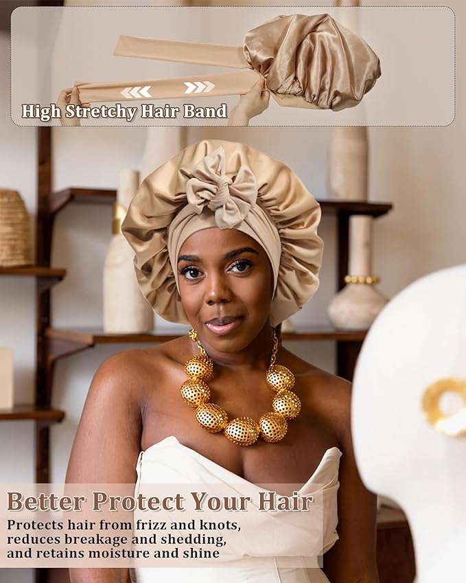 Reversible Satin Bonnet for Sleeping Women Double Layer Hair Bonnet with 2PCS Hair Scrunchies Elastic Tie Band Night Cap