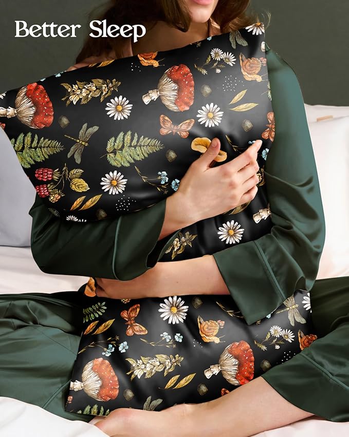 Silk Pillowcase 2 Pack - Pillow Cases 20" x 36" King Size Set of 2 for Hair and Skin Smooth Soft Breathable with Hidden Zipper Cooling Pillow Covers for Sleeping, Mushroom Plants