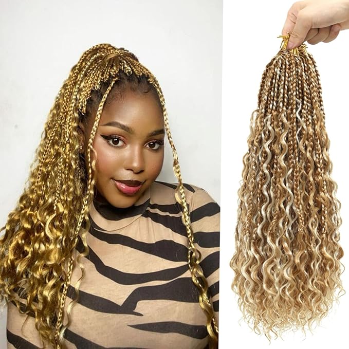 Eacia Goddess Box Braids Crochet Hair 18 Inch 7 Packs Honey Blonde Boho Box Braids Crochet Hair Extensions with Curly Ends for Women(18 Inch, P27/613#)
