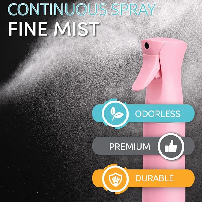 Hula Home Continuous Spray Bottle for Hair (10.1oz/300ml) Empty Ultra Fine Plastic Water Mist Sprayer – For Hairstyling, Cleaning, Salons, Plants, Essential Oil Scents & More - Pink