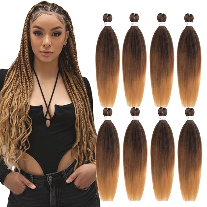Ombre Braiding Hair 24 Inch Pre Stretched Braiding Hair Extensions 8 Packs Hot Water Setting 100% Kanekalon Synthetic Crochet Hair Braids(24Inch,T1B/30/27#).