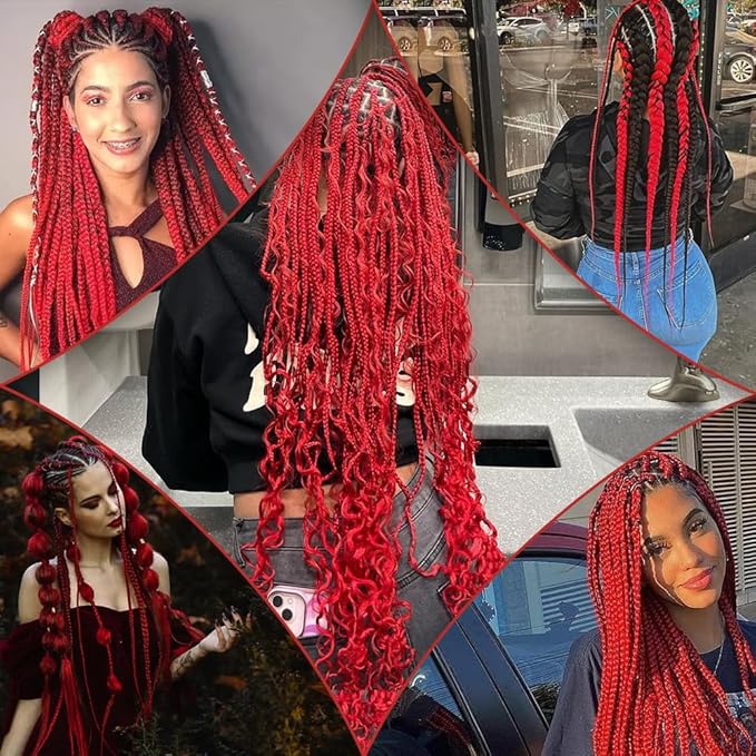 Umylar Red Braiding Hair Extensions 16 Inch Pre stretched Braiding Hair Hot Water Setting Synthetic Braiding Hair Pre Stretched Crochet Braids Hair(16 Inch,3 Packs,Red#）
