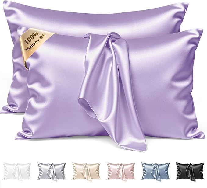 Silk Pillow Cases 2 Pack Queen Size Mulberry Silk Pillowcase Set of 2 for Hair and Skin 30 x 20 Inches 22 Momme Both Side Grade 6A Silk Soft Breathable Cooling with Hidden Zipper, Lavender