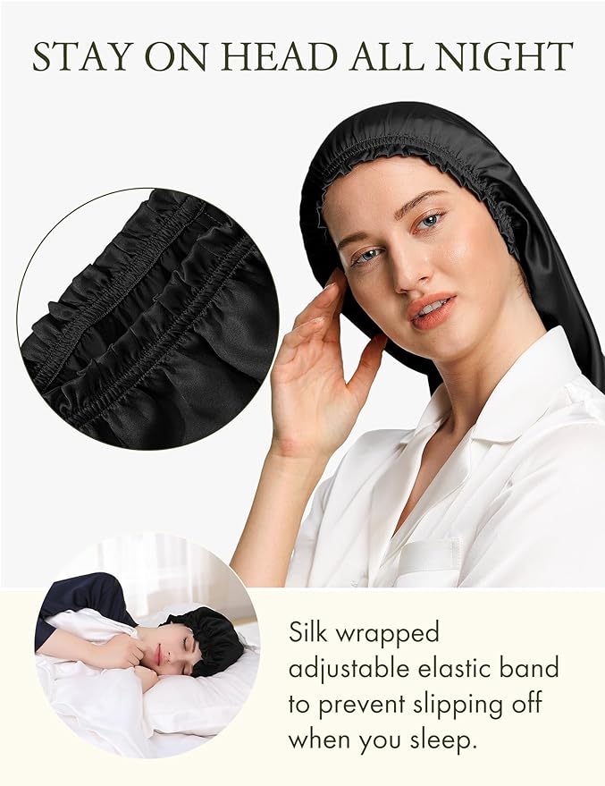 LilySilk Extra Long Silk Bonnet Sleep Cap for Women Soft Adjustable Hair Bonnet for Braids,Curly,Long Hair- Soft Elastic Band, Black