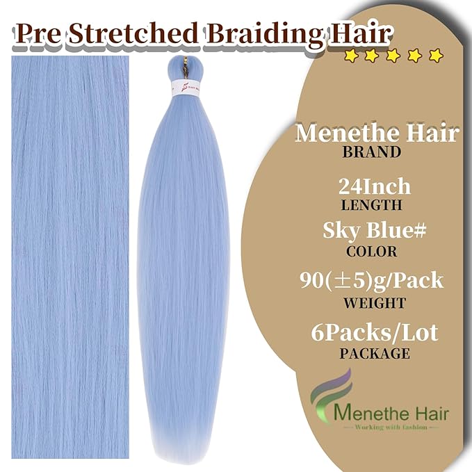 Sky Blue Braiding Hair Pre Stretched 24 Inch Braiding Hair 6 Packs Synthetic Fiber Crochet Hair Synthetic Crochet Braids(24Inch,Sky Blue#)