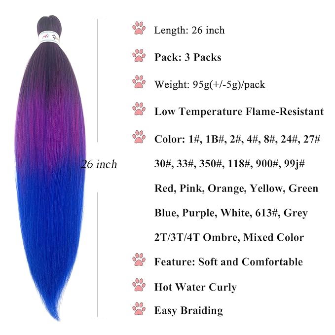 Ombre Braiding Hair Pre Stretched 1b Pink Blue Braids Hair Extensions for Braiding Hypoallergenic Knotless Synthetic Pre Sectioned Braiding Hair Bundles Weave 26 Inch 6 Packs