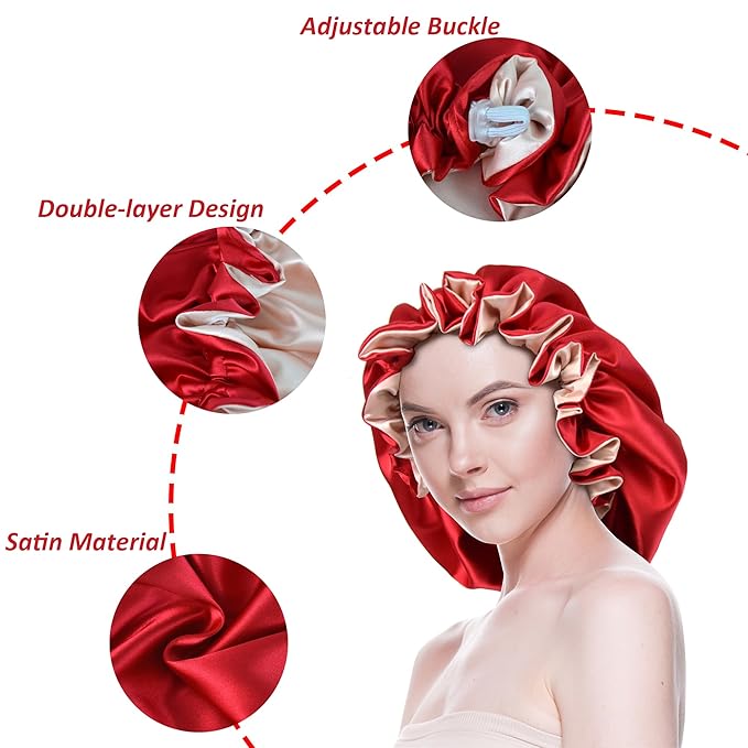 Silk Bonnet for Sleeping Satin Bonnets Double Layer Reversible Hair Cap Bonnet for Women Long Curly Braid Hair (Red)