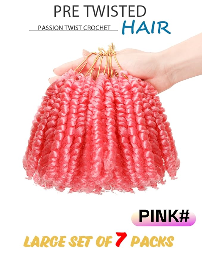 4 Inch 7 Packs Super Short Passion Twist Crochet Hair for Black Women and Kids-Pure Pink Pre Looped Pretwisted Soft Hair Extensions,Braided by Synthetic Spring Kinky Twist Bohemian Curl(4"-7P,Pink)