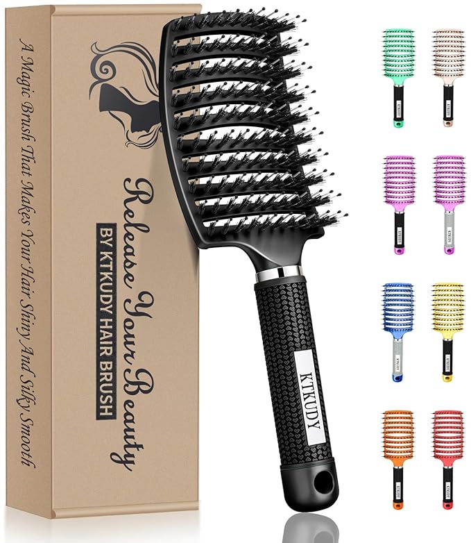 KTKUDY Detangling Brush Boar Bristles Hairbrush Make Hair Shiny & Healthier Curved and Vented Detangler Brush for Women Men Kids Wet & Dry Hair (Black)