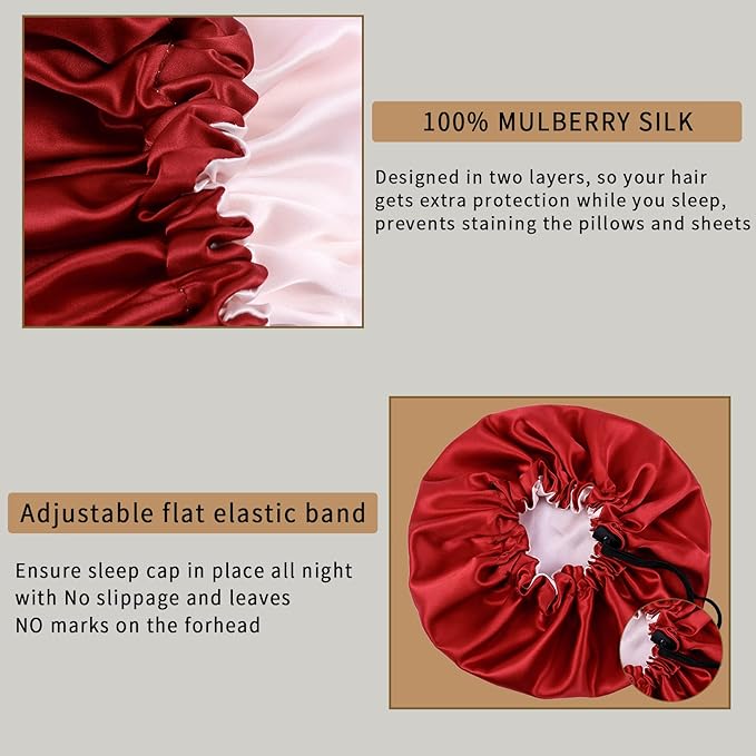 22 Momme 100% Mulberry Silk Bonnet Hair Wrap for Sleeping, Adjustable Silk Scrunchies Sleep Cap for Women Men Hair Care, Head Scarf Night Caps with Elastic Stay On Head, 1Pc(Burgundy,Pink)