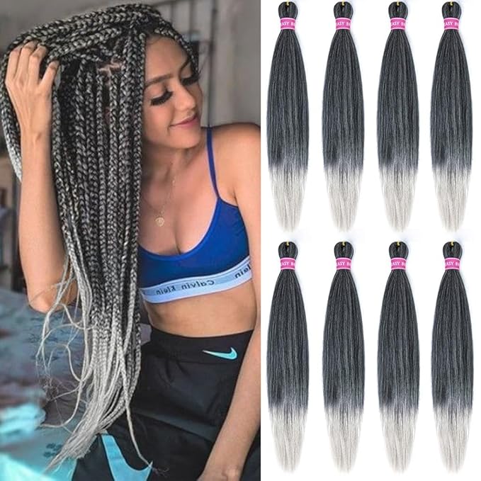 AQINBEL Pre-stretched Braiding Hair 26 Inches -8 Bundles Itch Free Synthetic Fiber Crochet Twist Braids Yaki texture Ombre Braiding Hair Extensions (Black/silver)