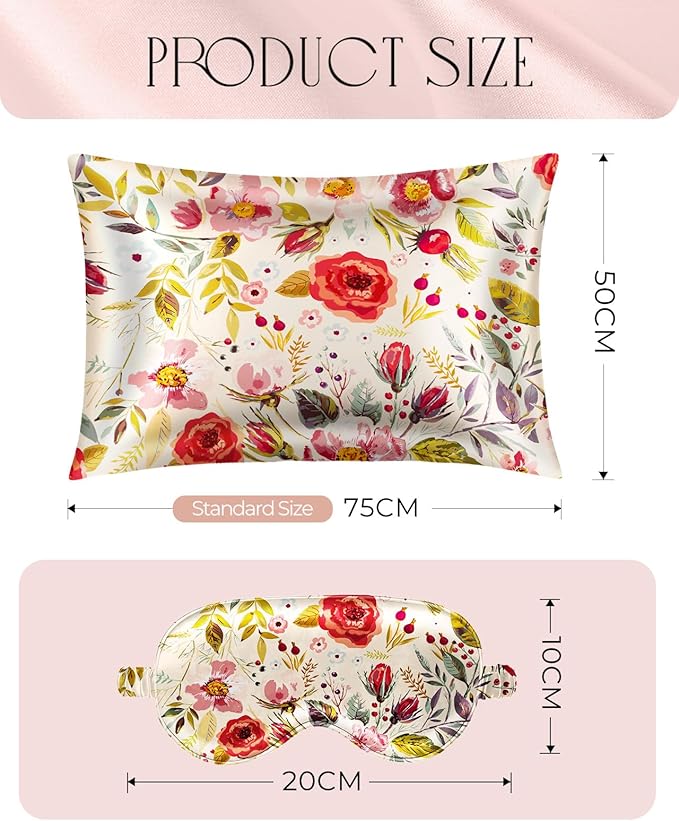 Mulberry Silk Pillow Case for Hair and Skin 19 Momme Standard 26"x20" Retro Flower Silk Pillowcase with Eye Mask & Scrunchie Soft Silk Pillowcase Sleeping for Moms, Women