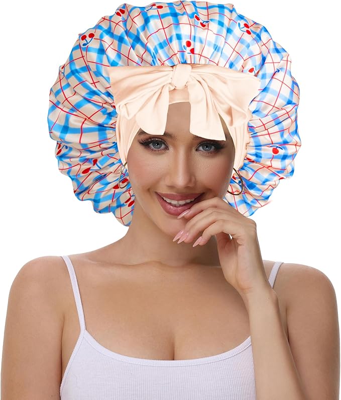 Double Layer Silk Bonnet with Tie Satin Lined Sleep Cap Hair Cover for Women's Curly Natural Hair
