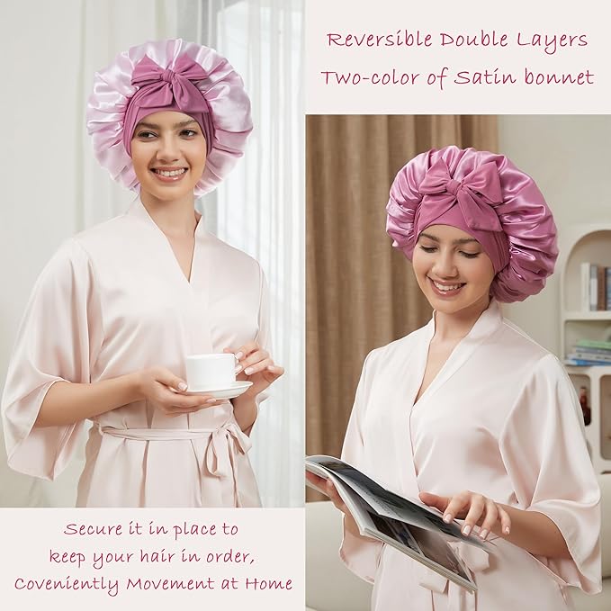Satin Bonnet with Tie Band,Silk Hair Bonnet for Sleeping Women,Bonnets for Women,Double Layer Sleep Cap for Braids Curly Hair