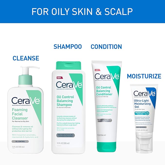 CeraVe Oil Control Balancing Shampoo, Clarifying Shampoo With Ceramides & Hyaluronic Acid, Removes Oil and Leaves Hair Feeling Hydrated, For All Hair & Scalp Types, Sulfate Free & Color Safe, 12 oz