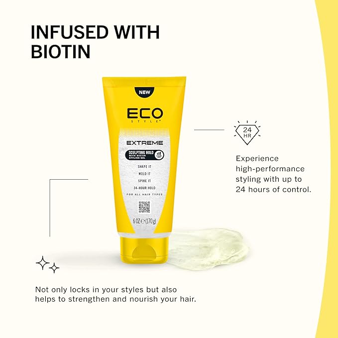 Eco Style Extreme Sculpting Gel with Biotin – Maximum Hold 6 Ounce Hair Gel for Strength, Shine & Definition, Alcohol-Free Formula for All Hair Types, Enhances Volume & Control
