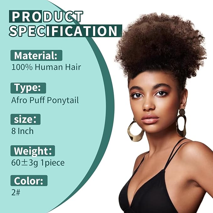 Afro Puff Clip On Human hair Drawstring Ponytail for Black Women,Short Afro Kinkys Curly Afro Bun Extension Hairpiece Ponytail Extension 8 Inch #2 Dark Brown 60g