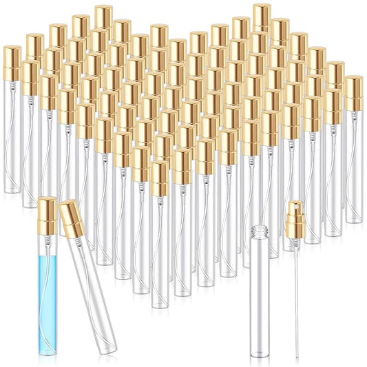 Zhehao 100 Pcs Mini Spray Bottles 10 ml Clear Glass Perfume Bottles Refillable Fine Mist Perfume Atomizer Portable Empty Sample Containers for Cleaning, Essential Oils, Travel (Gold Cap)