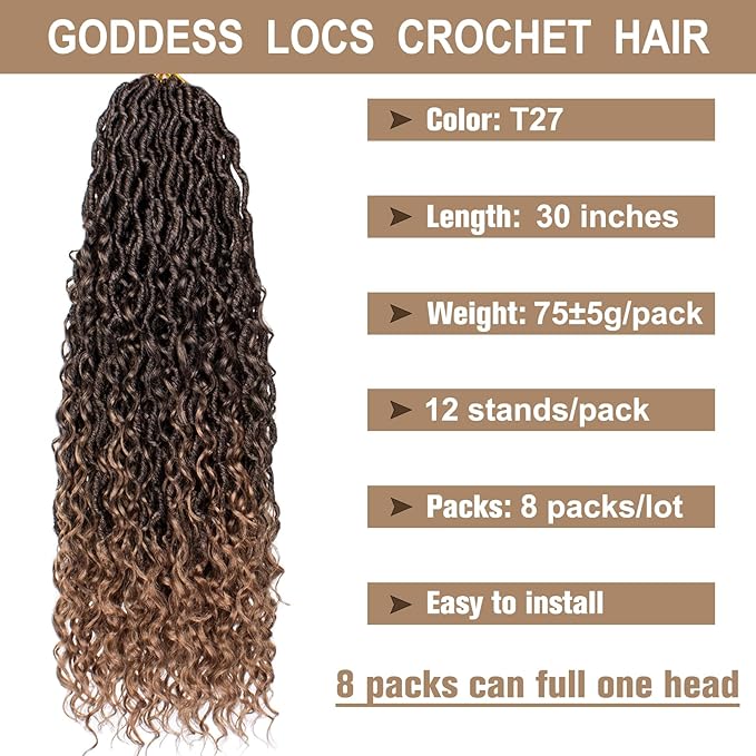 COOKOO 30 Inch 8 Packs Ombre Goddess Locs Crochet Hair 12 Stands/Pack Boho Faux Locs Crochet Hair with Curls Pre Looped River Locs Crochet Hair for Women Bohemian Locs Synthetic Hair Extensions T27#