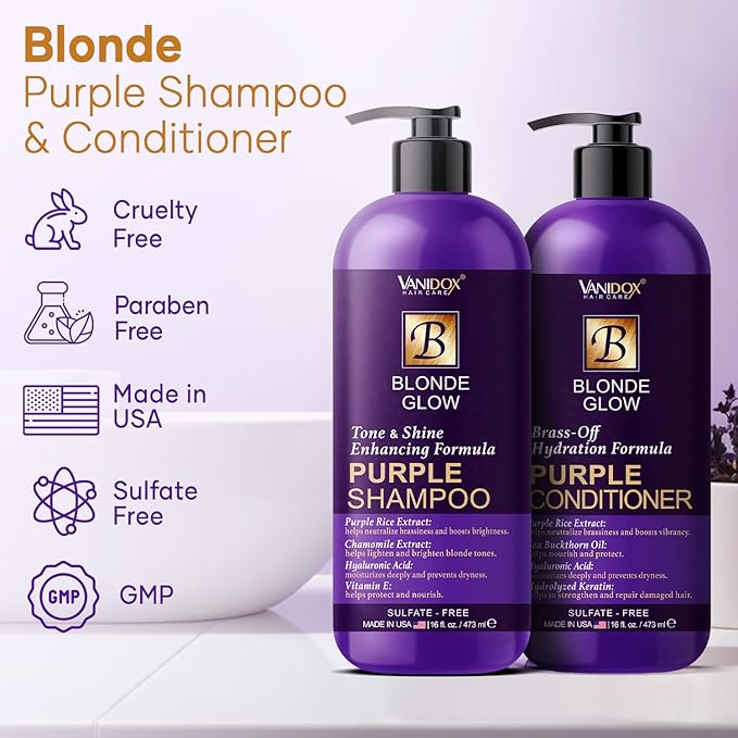Sulfate Free Brass Toning Purple Shampoo and Conditioner Set for Blondes, Brown Highlighted, or Bleached Hair, Shampoo for Blondes Infused with Purple Rice Extract (16 fl oz each)