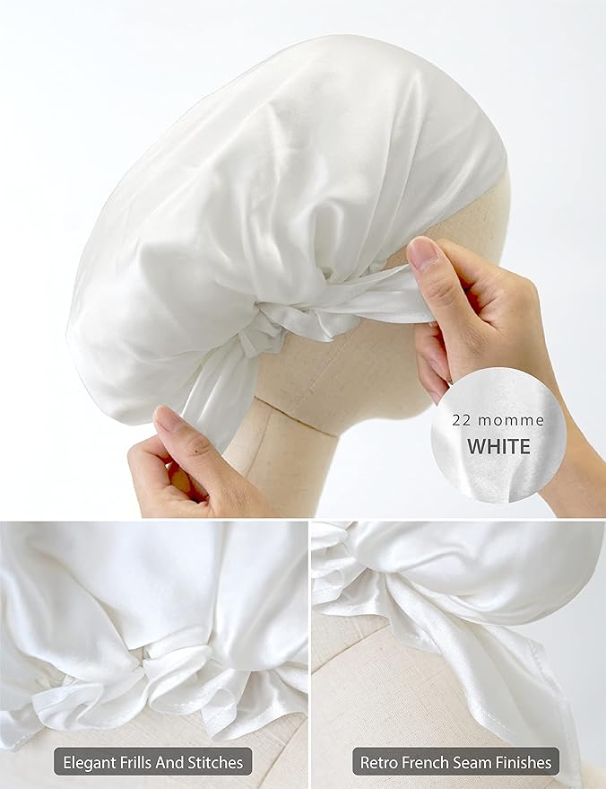 SissiLita Silk Sleeping Bonnet for Women, Large Silk Hair Cap with Tie Band, White