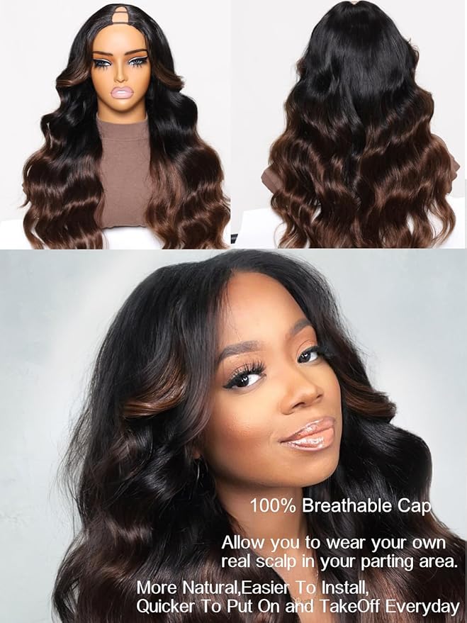 Julia Hair 12A Ombre Highlight V Part Wig Body Wave Human Hair Wigs Upgrade U Part Shadow Root Balayage Glueless Virgin Hair Clip in Half Wig No Gel No Leave Out No Sew-in Beginner Friendly 16 Inch