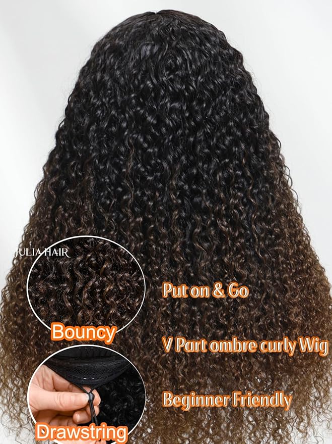 Julia Hair EasiContour V Part Curly Wigs Human Hair 12A Ombre Black to Chestnut Brown Glueless Wigs Clip in Vpart Wig No Leave Out Upgrade U Part Wig Beginner Friendly Ready to Go 14 Inch