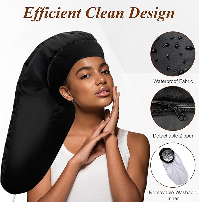 Heated Cap for Deep Conditioning: Upgraded Extra Large 10-Level Fast Heating 3 Time Settings Hair Steamer Cap for Natural Black Hair Portable Thermal Steam Cap for Home Hair Treatment - Deep Black