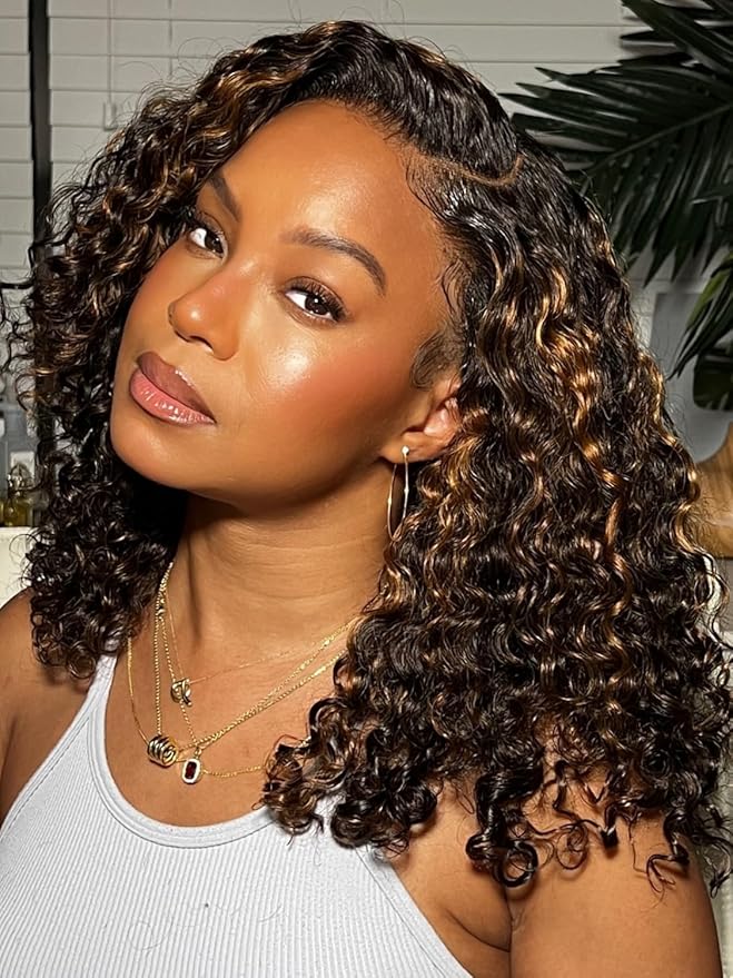 Julia Hair Highlight V Part Curly Wigs with Drawstring Balayage Brown Clip-In Half Wigs EasiContour Upgraded U Part Jerry Curly Glueless Human Hair Wig Beginner-Friendly Ready to Go 14 Inch