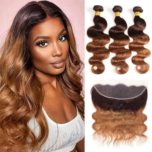 Body Wave Bundles With Human Hair 2 Tone Ombre 3 Bundles Lace Frontal Brazilian Virgin Human Hair Extensions T4/30 Medium Brown/Medium Auburn (14 16 18+14"Frontal)