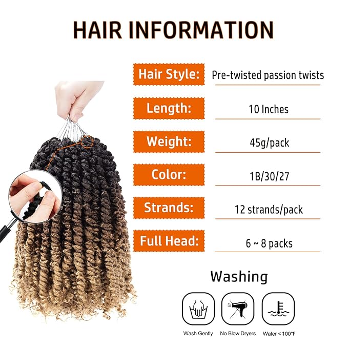 Passion Twist Hair 10 Inch 8 Packs Pre-twisted Passion Twist Crochet Hair for Women Pre-looped Water Wave Crochet Braids Bohemian Curly Crochet Hair Extensions 1B/30/27