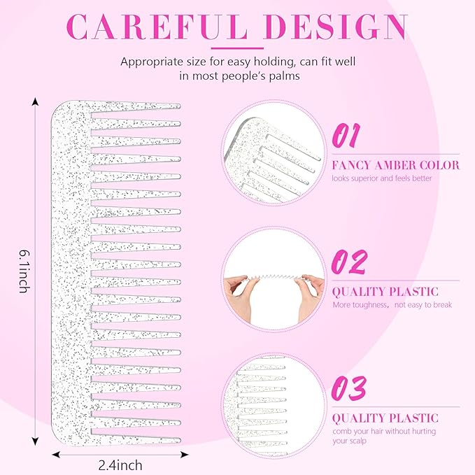 Patelai Wide Tooth Comb Large Hair Detangling Comb for Curly, Wet Dry Hair, No Handle Detangler Accessories(Glitter Clear)