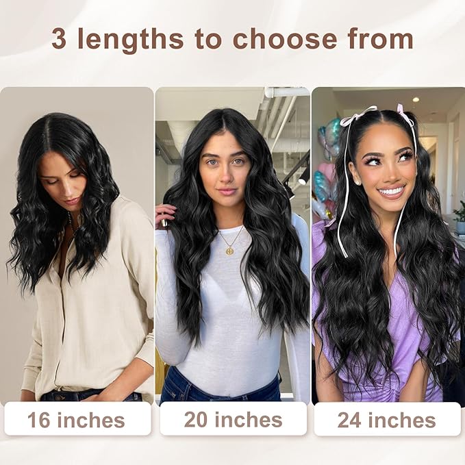 ALXNAN Clip in Hair Extension,Long Wavy Hair Extensions 20 Inch Black 4PCS Thick Hairpieces for Women