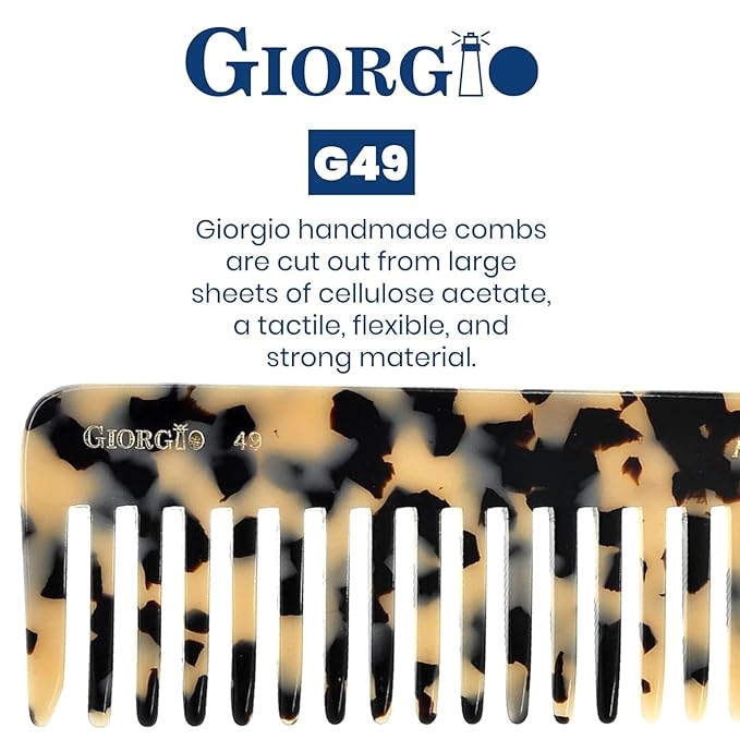 Giorgio G49 White Tokio, Large 5.75 Inch Hair Detangling Comb, Wide Teeth for Thick Curly Wavy Hair. Detangler Comb For Wet and Dry. Handmade of Quality Cellulose, Saw-Cut, Hand Polished
