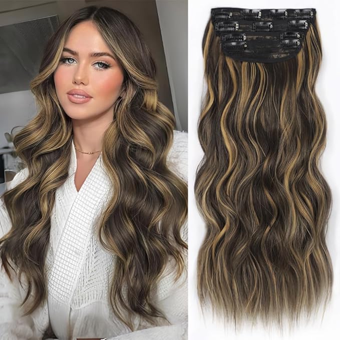 ALXNAN Clip in Long Wavy Synthetic Hair Extension 24 Inch Black&Dark mix light brown 4PCS Thick Hairpieces Fiber Double Weft Hair for Women