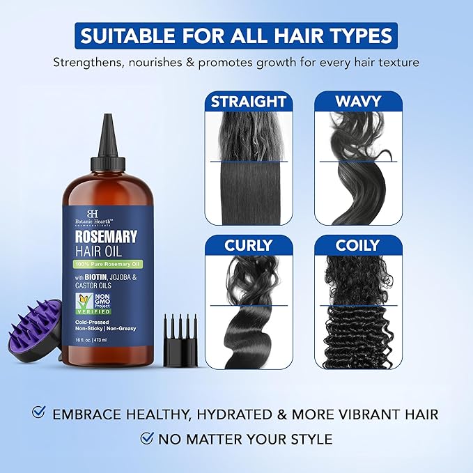 Botanic Hearth Hair Oil for Hair Growth | Rosemary Oil for Hair Growth with Biotin, Castor & Jojoba | Scalp Oil & Dry Scalp Treatment | Color Safe | All Hair Types | 16 Fl Oz