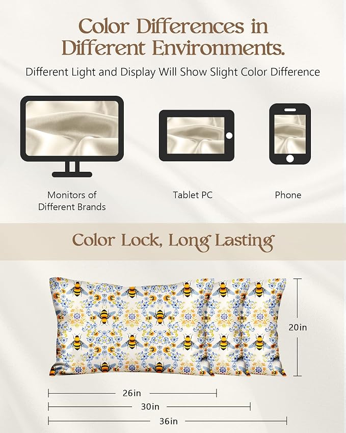 Silk Pillowcase 2 Pack - Pillow Cases 20" x 36" King Size Set of 2 for Hair and Skin Smooth Soft Breathable with Hidden Zipper Cooling Pillow Covers for Sleeping, Flower Bee