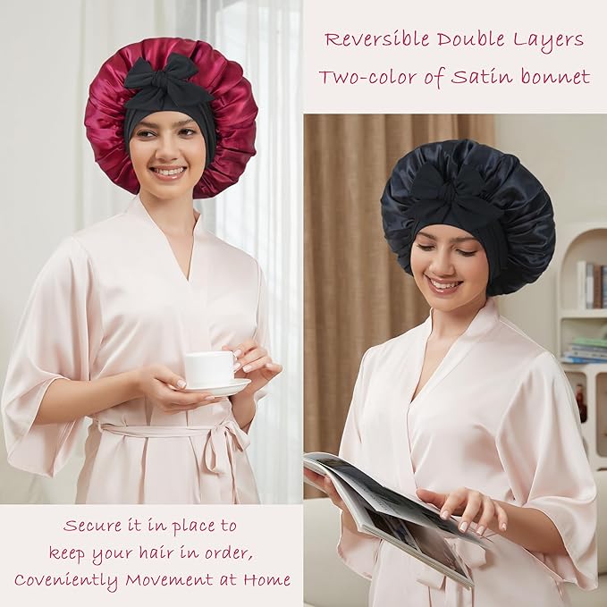 Satin Bonnet with Tie Band,Silk Hair Bonnet for Sleeping Women,Bonnets for Women,Double Layer Sleep Cap for Braids Curly Hair